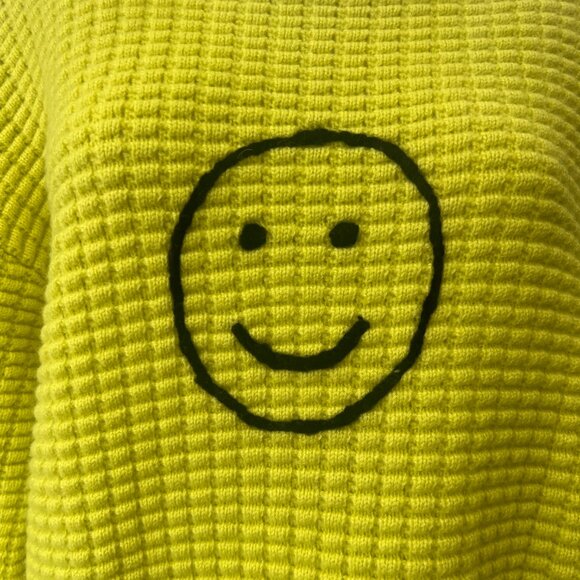 $1695 NWT The Elder Statemans Yellow Smiley Face Waffle Knit Crew Neck Sweater L - Picture 3 of 11